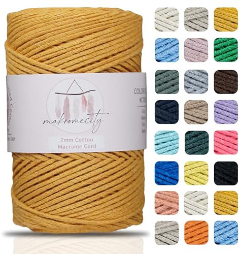 Makromecity, Cotton Macrame Cord 2mm x 195 yards (590 feet) 2mm Recycled Cotton Crochet Yarn for Macrame Art & Crafts for Wall Hangings, Bags, Underplate, Rug (25 Colors Available) (Mustard)