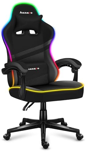huzaro Force 4.4 RGB Black - Gaming Stuhl - Ergonomischer Bürostuhl aus atmungsaktivem Stoff - Mit Beleuchtung - Höhenverstellbar - Kopfstütze und Lendenkissen - Bis 130 kg belastbar - Schwarz