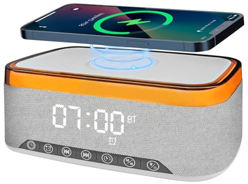 Yeelan Sveglia Digitale con Stazione di Ricarica, Sveglia Digitale con Luce, Altoparlante Bluetooth 5.3, Ricarica Wireless 15W per iPhone/Samsung, Luce Notturna 12 Colori, Sveglia per Donne Uomini