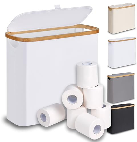efluky 28L Toilettenpapier Aufbewahrung Korb mit Deckel, Bambus Toilet Paper Organizer Badezimmer Organizer, Klopapier Aufbewahrung für 9-12 Rollen Klopapier, Perfekt für Enge Räume (Weiß)