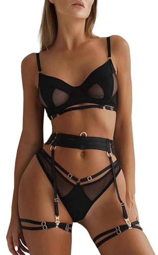 Rayson Conjunto de lencería Sexy Mujer 6 Piezas Sujetador Y Braguita con Espalda Cruzada con Aros Ajustable（C）