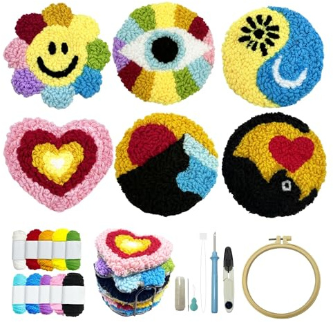 SEREDH Punch Needle Coasters Kit for Beginners Adults Easy Needle Punch Embroidery Kit Set Threader Instruction Fabric Hoop Yarn Tufting Coaster DIY Making,Coaster Holder Coaster Art Craft Supplies