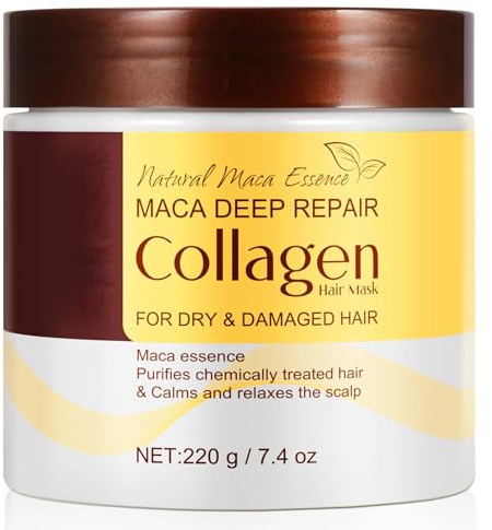 Maca Collagen Hair Mask for Dry & Damaged Hair - 220ml with Moroccan Argan Oil, Deep Repair & Nourishing Moisturizing Treatment