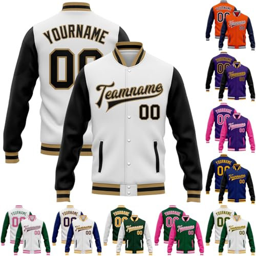 Generisch Personalisierte Baseballjacke Herren Baseball Jacke Oversize Bomberjacken College Jacke Langarm Baseballjacken Teenager Individuelle Namen Nummer Teamnamen (1-ABlack)