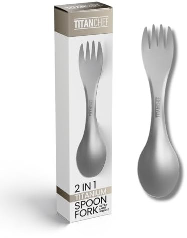 TitanChef Titanium Spork – Lightweight 2-in-1 Spoon & Fork Combo | Eco-Friendly Outdoor Camping Cutlery, 6.5-inch Portable Titanium Spork with Storage Bag (Sandblasted Finish)