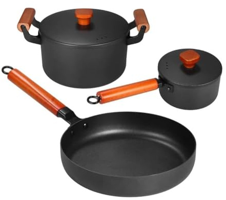 ZOCWJK Pots and Pans Set 3Pcs Soup Pot Milk Pan with Lid Frying Pan Wrought Iron Non-Stick Cooking Pot Set Kitchen Cooking Pot Set(