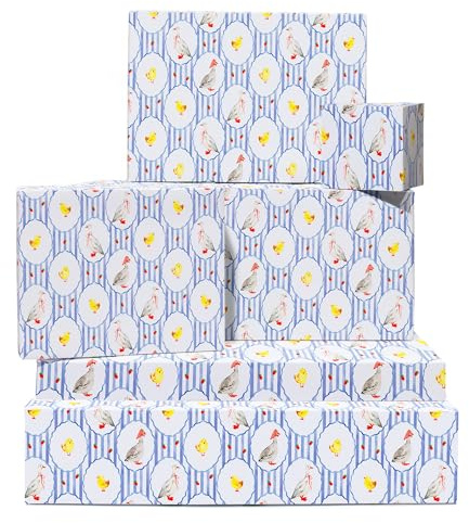 Presentpapper i pastellfärger – ankor, kycklingar, bondgårdsdjur – 6 ark blått papper för bröllop, födelsedag, jul, årsdag – för kvinnor, mammor, moster, mormor – med etiketter