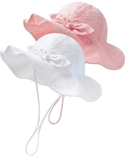 HONGTEYA Baby Sun Hat Toddler Girl Hats Infant Toddler Summer Bucket Beach Hat Wide Brim Sun Protection (US, Age, 6 Months, 24 Months, Bow Pink/White)