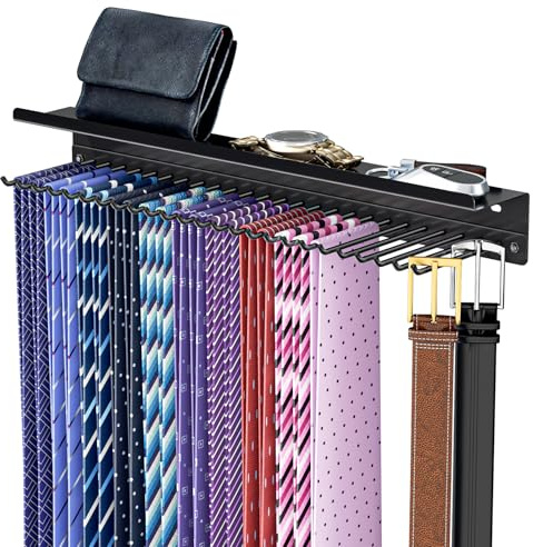 Corbatero, Colgador De Corbatas De Pared, Organizador De Corbatas Adhesivo, Soporte para Corbatas para Puerta De Armario, Soporte Metálico con Estante Y 25 Ganchos, Colgador De Corbatas (Negro)