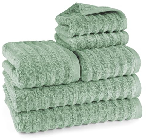 Pure Label 6-TLG. Handtücher Set mit Aufhängeschlaufen aus 100% Baumwolle, saugstark und weich - 2X Badetuch (70x140cm) 2X Handtuch (50x100cm) 2X Gästetuch (30x50cm), Salbeigrün