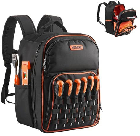 VEVOR Zaino Portautensili, 49 Tasche, Organizzatore per Attrezzi Pesanti, Zaino da Lavoro con Scomparto per Laptop e Base in Tessuto, Borsa da Cantiere per Elettricisti, Riparatori e Tecnici HVAC