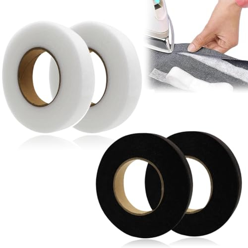 KEWUF 4 Rouleaux Bande Thermocollante pour Couture, Bande Thermocollante Vêtement, Ourlet Facile Sans Couture pour Rideaux, Robes, Jeans et Pantalons (Noir, Blanc, 1cm de Large, 64m/rouleau)