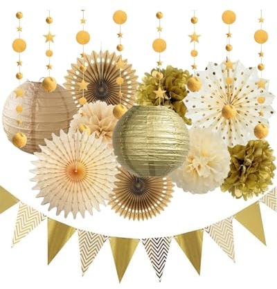 Reusable Gold & Cream Party Decorations Kit | Vintage Paper Fans, Paper Lanterns & Pom Poms Decorations | Easy DIY Gold Decorations for Wedding, Birthday & Baby Shower