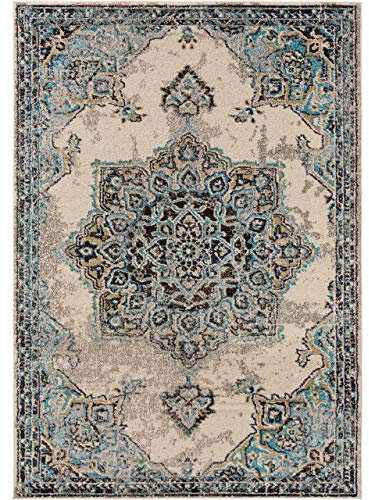 benuta Nest Vintage Teppich Casa - Beige/Türkis 140x200 cm - Teppich für Wohnzimmer, Schlafzimmer und Flur - Pflegeleicht - Fußbodenheizung Geeignet