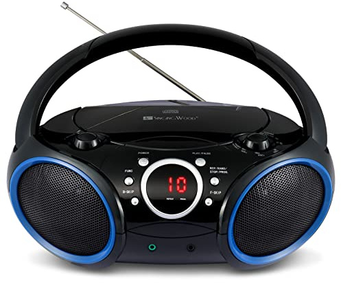 SINGING WOOD 030C Portable CD Player Boombox with AM FM Stereo Radio, Aux Line in, Headphone Jack, Supported AC or Battery Powered (Black with a Touch of Blue Rims)