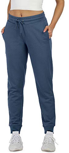 icyzone Damen Jogginghose Sweathose Baumwolle Lang Sporthose Hohe Taille Freizeithose mit Taschen (L, Dusty Blue)