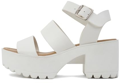 Soda ACCOUNT ~ Women Open Toe Two Bands Lug sole Fashion Block Heel Sandals with Adjustable Ankle Strap (White, numeric_8_point_5)