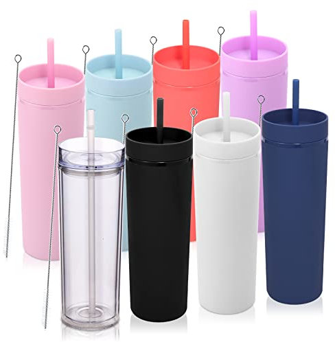 Volhoply 600ml Vasos de Plástico 8 Pack,Vaso de Doble Pared con Tapa y Pajita,Taza de Café Helado de Viaje Reutilizable,Tumbler de Agua de Acrílico Mate Sin BPA para Fiestas,Regalos (Surtido,8 Set)