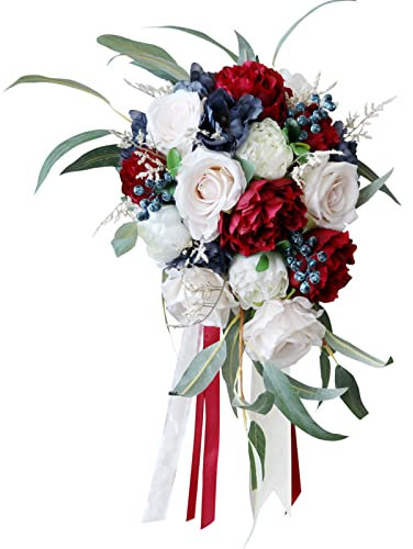 Fouriding Bouquet de Mariage pour Mariée,Bouquet de Fleurs Artificielles pour Cérémonie Anniversaire Douceur de Mariage Décoration de Mariage (Roses Rouge vin Blanc)
