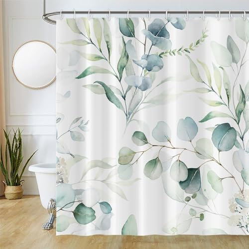 Duschvorhang Grün, Uiiooazy Duschvorhang Eukalyptus 180x220cm Blau Blätter Weiß Blumen Pflanzen Duschvorhänge Anti Schimmel Wasserdicht Polyester Stoff Waschbar Bad Vorhang mit 12 Haken für Badezimmer