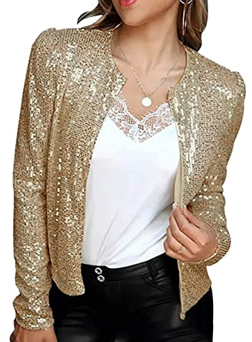 Acrawnni Women's Sparkly Glitter Jackets Long Sleeve Open Front Sequined Blazer Cardigan Coat Glitter Disco Bomber Jacket (A-Gold, L)