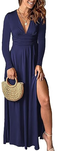 QUNERY Robe Longue Femme Col en V Robe de Casual Femme Manche Longue Elegant Robe pour Automne et Hiver Bleu Noir M