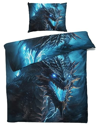 MOBEITI Drache Bettwäsche 135x200, Fantasy Drachenmotiv Wendebettwäsche, Weiche Kuschelige Mikrofaser Bettbezug Set 2teilig, 1 Kissenbezug 80x80, mit Reißverschluss