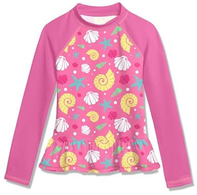 BesserBay Mädchen Badebekleidung Schwimmshirt UV Shirt Sonnenschutz Rüschensaum Rosa Langarm Rash Guard 140