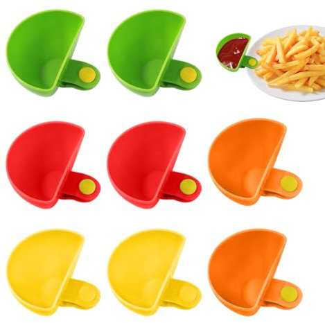 DUINIU 8-Piece Clip-On Dip Bowls with Clip-On Dip Cups, Plastic Condiment Bowls, Suitable for Serving, Dipping Condiments and Snacks, Etc. (Red, Yellow, Green, Orange)