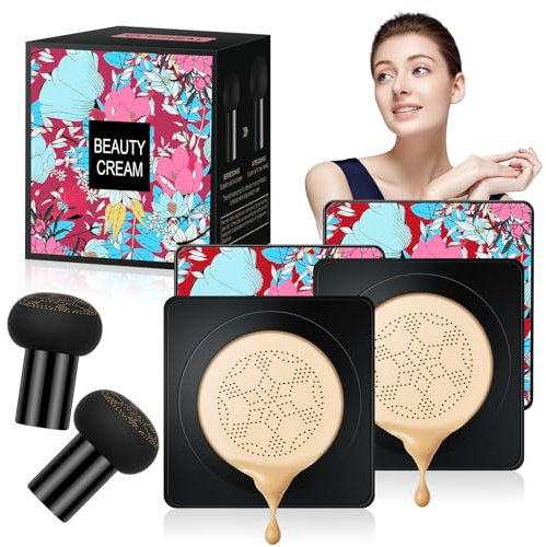 Pilzkopf Luftkissen CC Creme, 2pc Beauty Pilz-Luftkissen cc Cream, Cushion Foundation Concealer Make Up für Gesicht Hals, BB Creme Feuchtigkeitsspendende Aufhellende Gleichmäßiger Hautton(Natürliche)