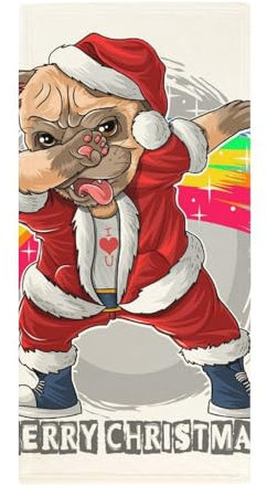 FZRTGOP Weihnachtsmann Niedlicher Mops Handtücher Schnelltrocknend Waschlappen Badetücher Handtuch Für Sport Spa Yoga 73x35cm