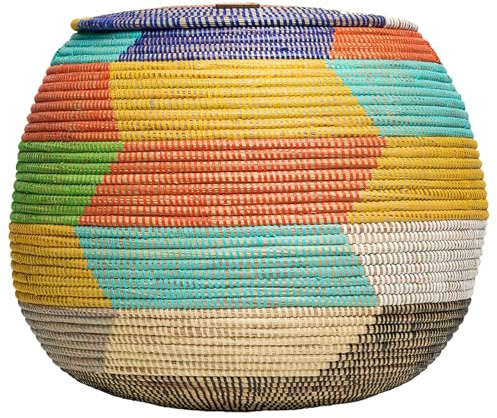 YAADU - Cesta trenzada con tapa, cesta de almacenamiento para mantas y juguetes, cesta decorativa africana, altura aprox. 35 cm, modelo Femi (multicolor plano)