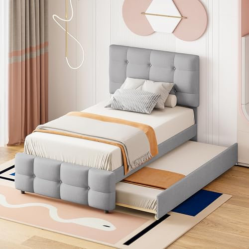 Kinderbett Polsterbett 90x200 Bettgestell Ausziehbett, Einzelbett mit Ausziehbarem Bett für 2 Kinder, Jugendbett Gästebett Schlafsofa mit Lattenrost, Verstellbares Kopfteil,Leinen,Grau,Ohne Matratze