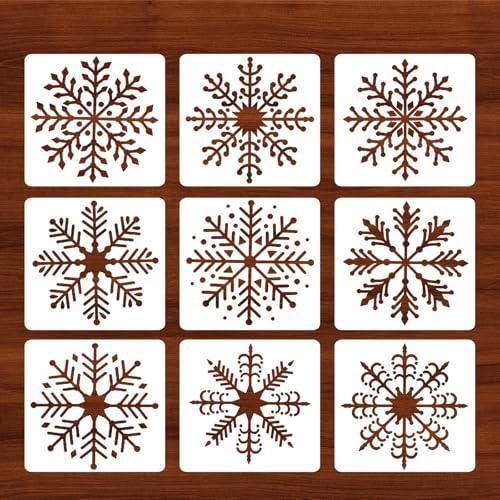 Qpout 9 st stora snöflingestenciler, 19,8 x 19,8 cm jul snöflinga schabloner mall för målning, snöflinga schabloner för hantverk återanvändbar, snöflinga stencil för målning på träväggar glasfönster
