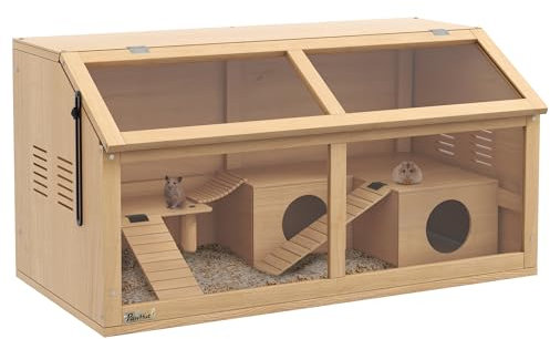 PawHut Hamsterkäfig Kleintierkäfig aus Holz, Kleintierstall mit Hängebrücke, Leitern, Hütte, 84 x 45 x 44 cm Nagerkäfig mit Oberer Tür, für Zwerghamster, Natur