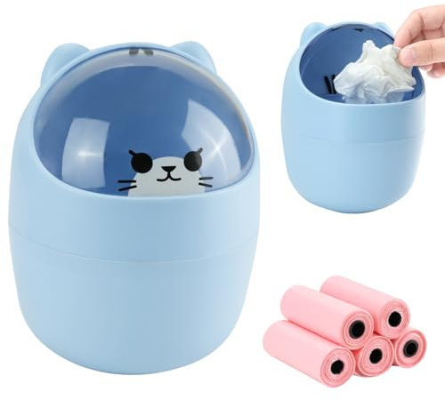 IBEQUEM 1 cestino per la spazzatura da tavolo con coperchio, 100 sacchetti per la spazzatura, carino mini pattumiera da scrivania con coperchio, portatile, rimovibile, per la casa, l'ufficio (blu)