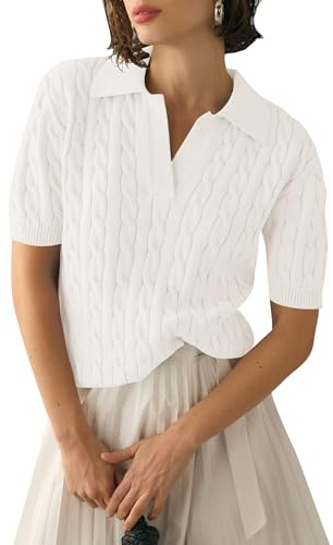 Micoson Womens Short Sleeve Sweater Tops Lapel V Neck Polo Shirts Cable Knit Blouses Business Casual Outfits(White,M)
