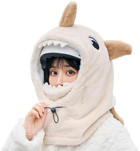 Winter-Skihelm-Überzug, kältebeständig, bequem, weiches Fleece, Kopfwärmer, niedlicher Cartoon-Cartoon-Hut, Helmüberzug, Hai, Beige