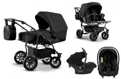 Passeggino gemellare 3 in 1. Passeggino e accessori in 3 pezzi: 2 navicelle + 2 passeggini + 2 ovetti + accessori. BBtwin DUET TRIO Nero