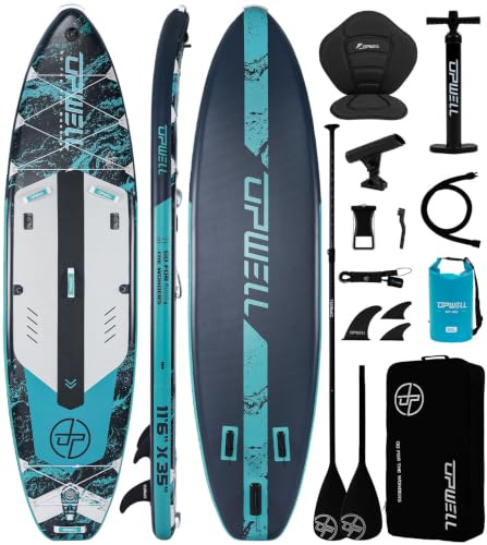 UPWELL 350x89x15cm Extra Breites Aufblasbares Stand Up Paddling Board zum Angeln, Stand Up Paddle Board mit Sitz, 2+1 Sup Paddle Boards für Erwachsene, Atlantic