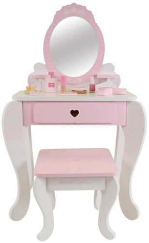 Bandits & Angels Kinderschminktisch Julia Weiß Rosa mit Spiegel für Mädchen ab 3 Jahren - Schminktisch aus Holz - Schminktisch inklusive Hocker - Für Kinder