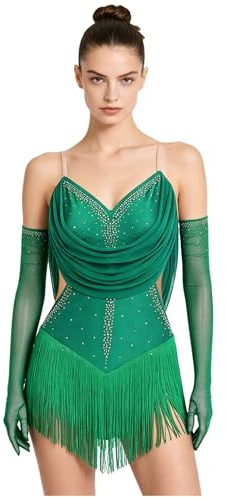 Freebily Abito da Ballo Latino Americano Donna con Nappe Strass Body Danza Classica Moderna con Guanti Balletto Leotards Costume da Danza Samba Rumba Salsa Sala da Ballo Verde XS