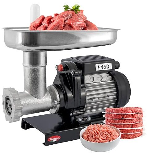 Reber Tritacarne Elettrico N.8 450W – Macchina per Macinare Carne e Preparare Salsicce – Corpo in Ghisa Stagnata, Coltello e Piastra in Acciaio Inox – Motore a Induzione per Uso Continuo
