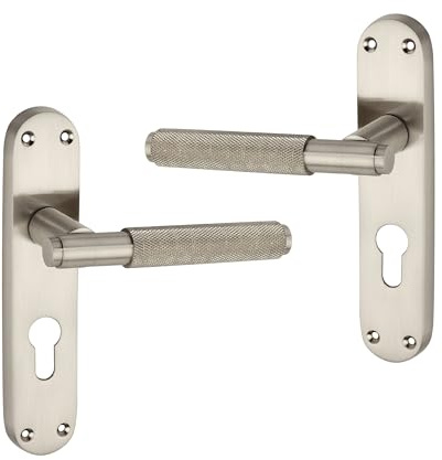 LYRA Modern Style Knurled Design Euro Lever Lock Door Handle on Backplate Set Satin Nickel 185mm x 40mm β Ideal for Internal & External Door Gates