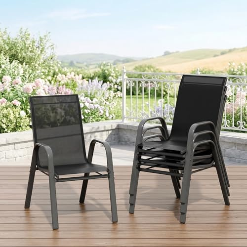 Litake Set 4 Sillas Apilables de Jardín Exterior, Sillas de Metal y Textileno con Respaldo Alto y Reposabrazos, Preensambladas, Estructura Anticorrosión, para Terraza Patio Balcón, Negro