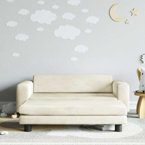 Ordellia Barnsoffa med pall krämfärgad 100 x 50 x 30 cm sammet, barnbänk med skumstoppning och furutam, för leksaker och kläder, 50 kg lastkapacitet