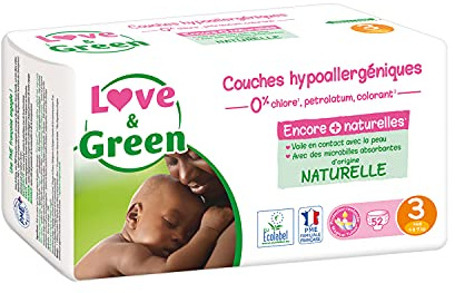 Love & Green - Couches Bébé Hypoallergéniques 0% - Taille 3 (4-9 kg), 52 couches