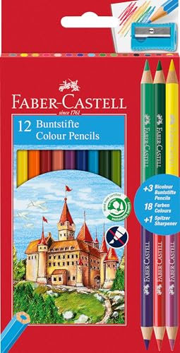Faber-Castell 110312 - Buntstifte Set für Kinder und Erwachsene, 15-teilig, bruchsicher, inkl. 3 Bicolour Buntstifte und 1 Spitzer