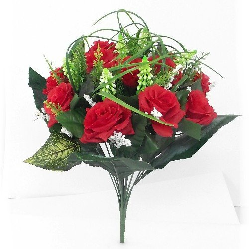 38 cm konstgjord silkesros & gräsbuske med gyp & bladverk – 12 blomhuvuden– 2 Bunches Röd