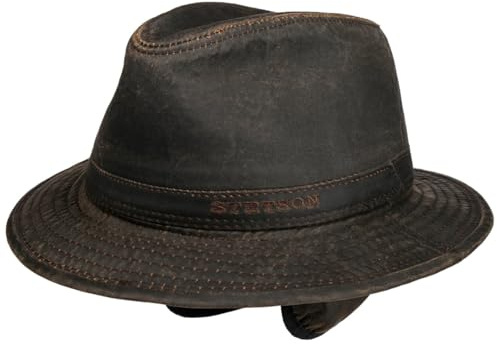 Stetson Berico Traveller Hut Herren Männerhut Baumwollfutter Einfarbiger Stoffhut Used-Look Integrierte Ohrenklappen Herbst Winter braun M (56-57 cm)